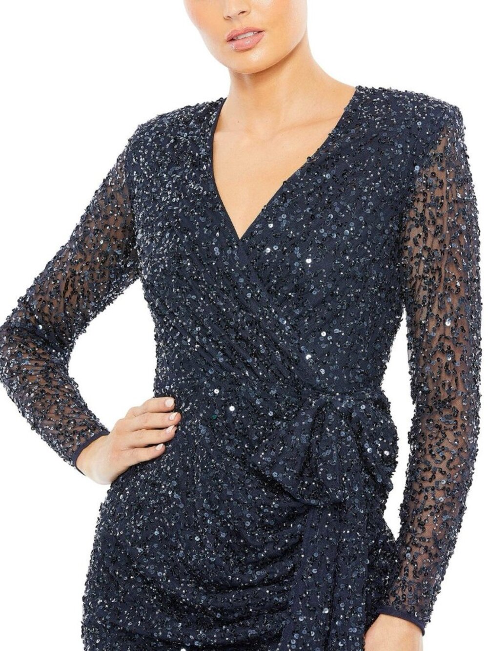 Mac Duggal Size 2 Navy 10558 Sequined Wrap Bow Cocktail Midi Long Sleeve Dress - Picture 2 of 12